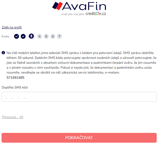 AvaFin bude chtít ověřit Vaše telefonní číslo, mějte telefon po ruce