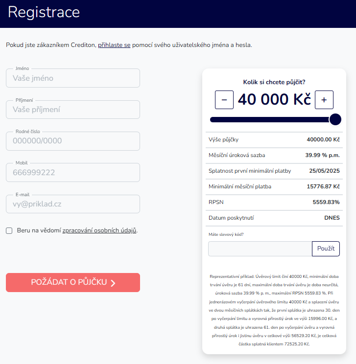 Na začátku žádosti vyplníte základní údaje a zvolíte si požadovanou částku. Je správně uveden také reprezentativní příklad a RPSN.